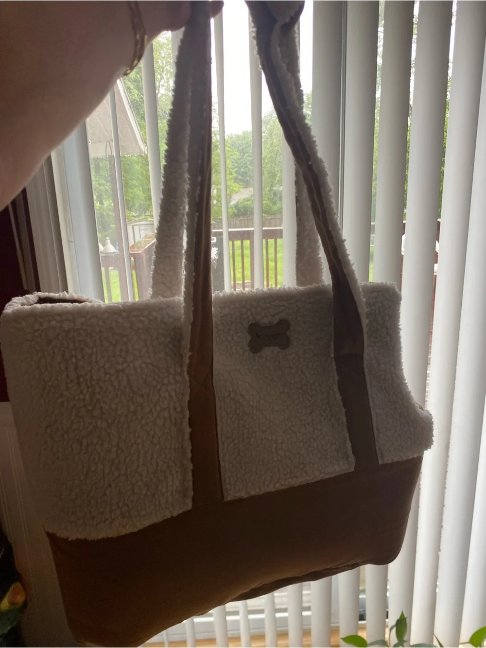 Cream Sherpa Tote with Brown Faux Suede Trim